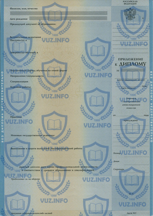 Приложение к диплому высшего образования 1997 1998 1999 2000 2001 годов окончания